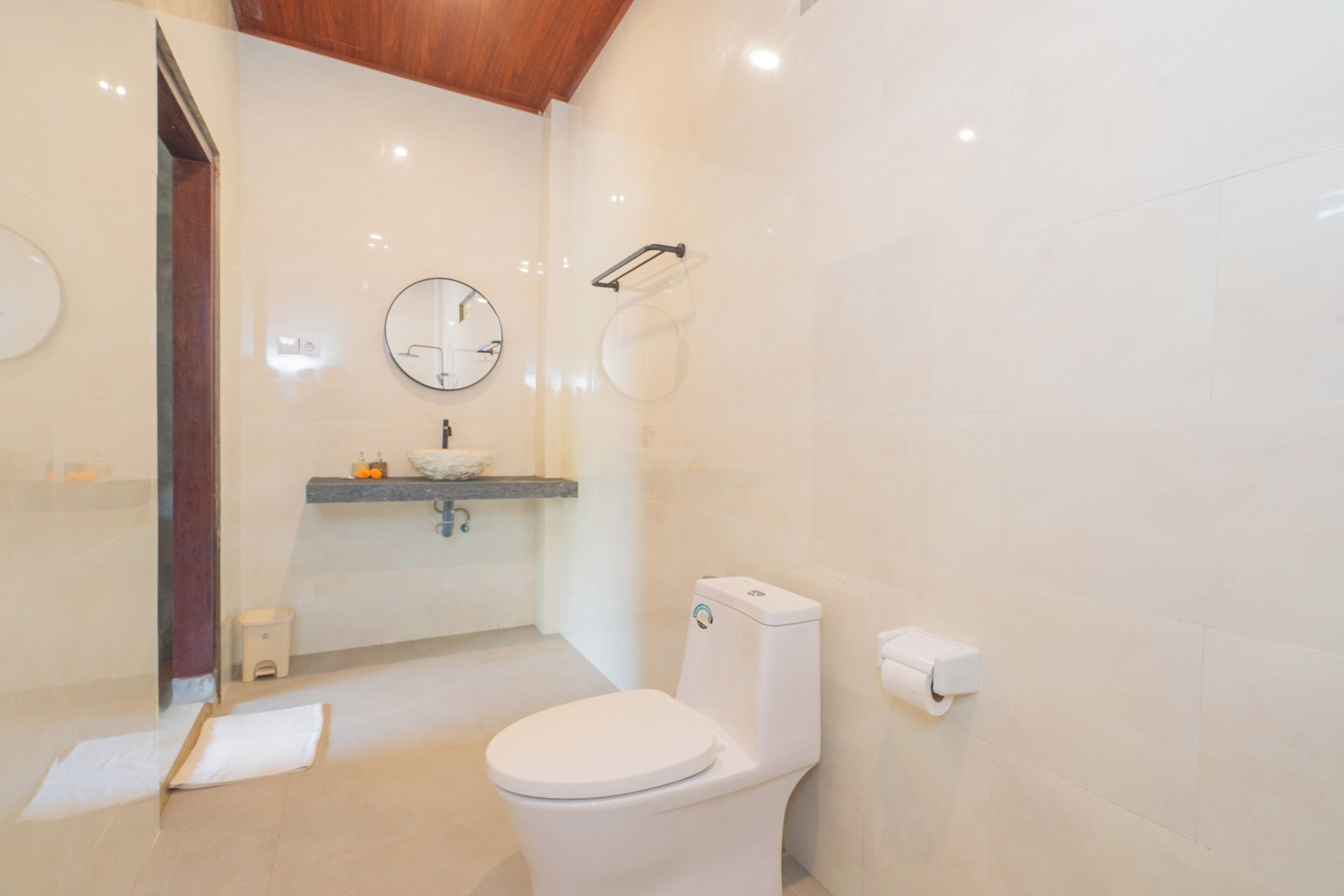 A modern bathroom with a toilet, a sink, a mirror, and a shower area.