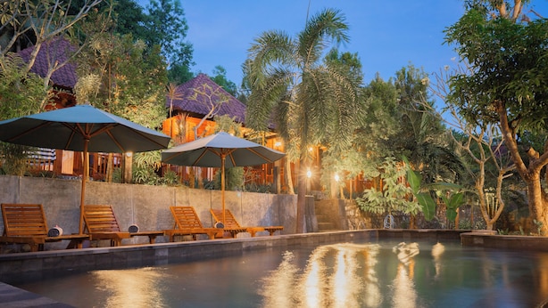 Una piscina con sillones de descanso y sombrillas, rodeada de vegetación tropical y edificios con techos de paja.