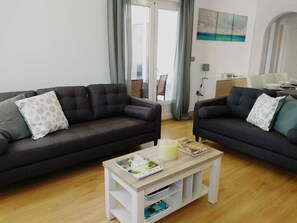 Smart TV, fireplace, books