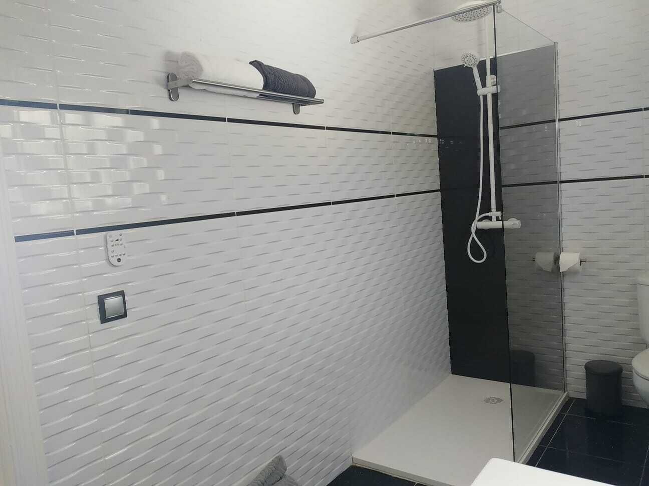A modern bathroom with a glass shower enclosure, a toilet, and a sink.