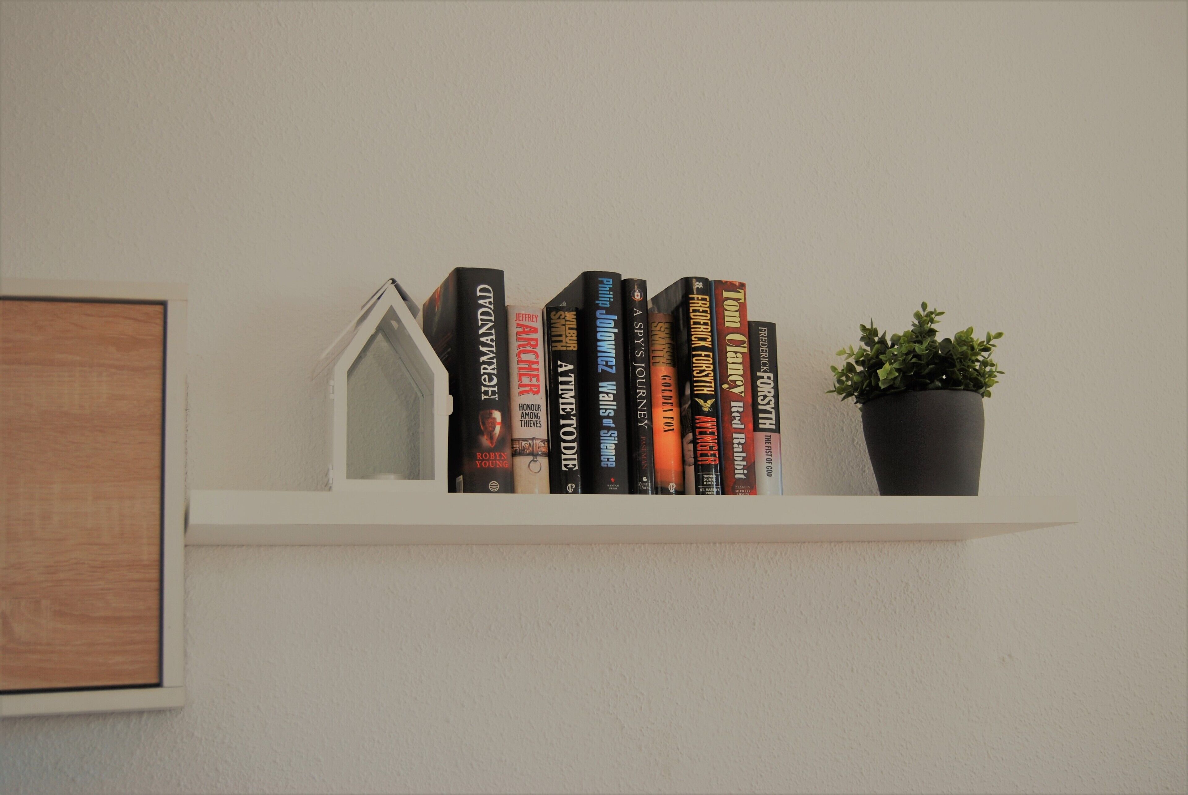 Une étagère blanche avec une rangée de livres et une petite plante en pot.