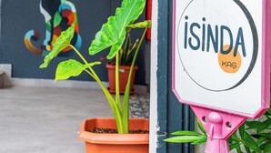 A storefront with a colorful mural of a cat, a pink sign with "ISINDA KAS" text, and potted plants. - İsinda Pansiyon (Kas)