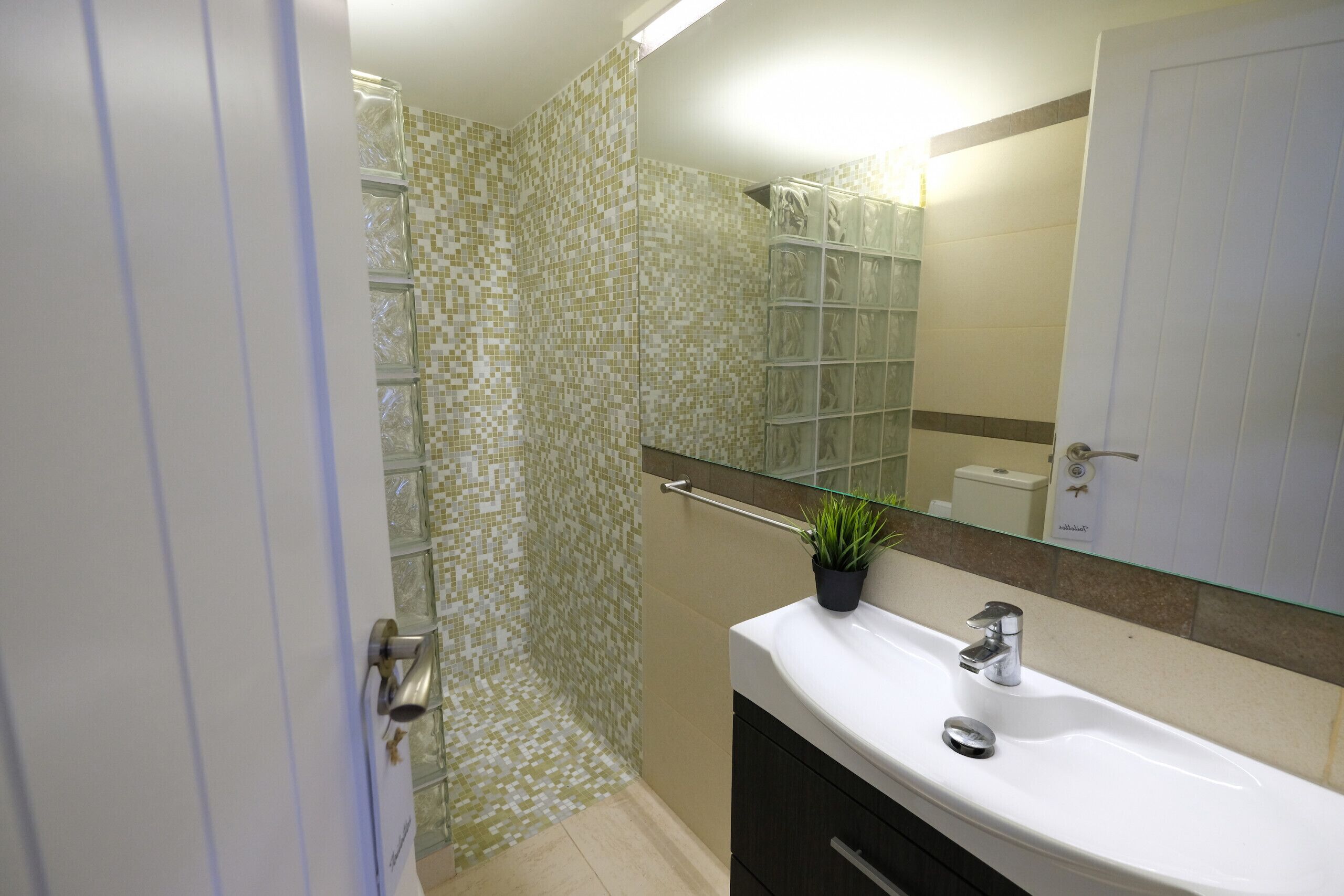 A bathroom with a glass shower enclosure, a white sink, and a mirror above it.
