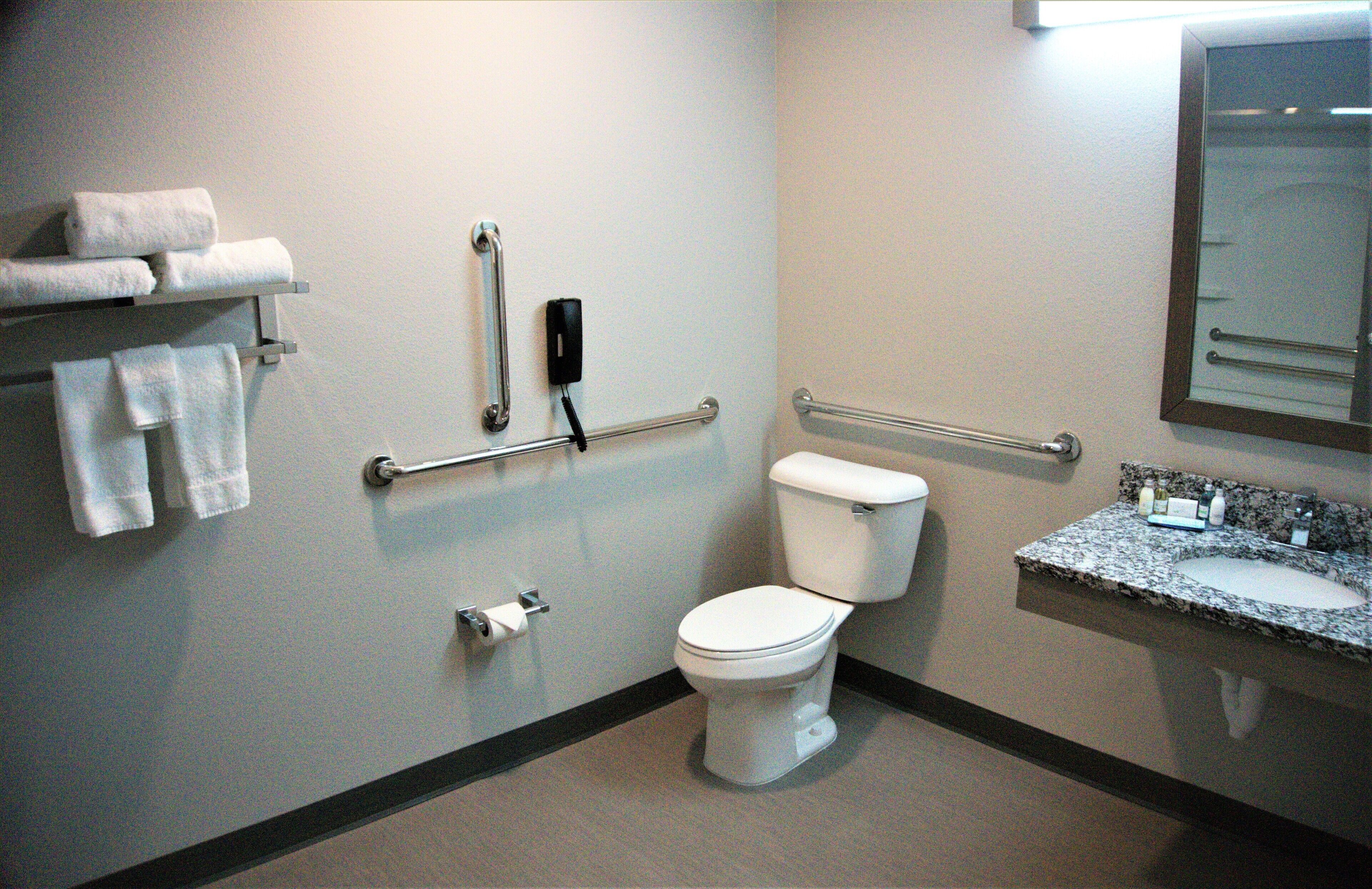 Un bagno con il water, un lavandino, uno specchio, un porta asciugamani e un dispenser di disinfettante per le mani.
