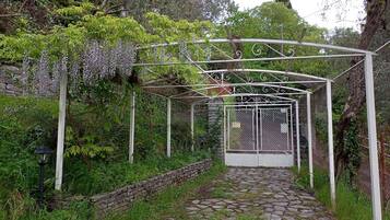 Ein gepflasterter Weg führt zu einer weißen Metall-Pergola mit dekorativem Design, umgeben von üppigem Grün und einer Steinmauer.