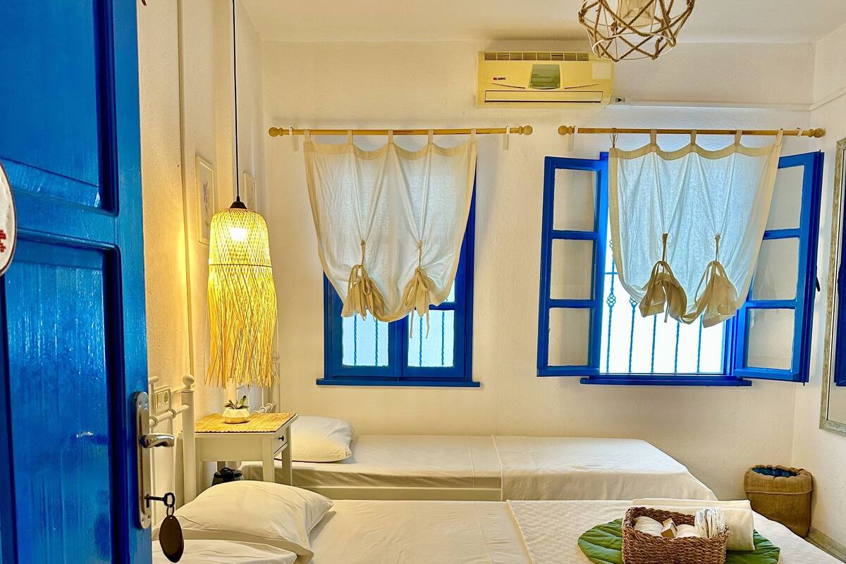 A room with a bed, a blue door, and a window with blue shutters.