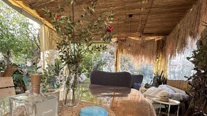 Une pièce avec une table en bois, un canapé et diverses plantes.