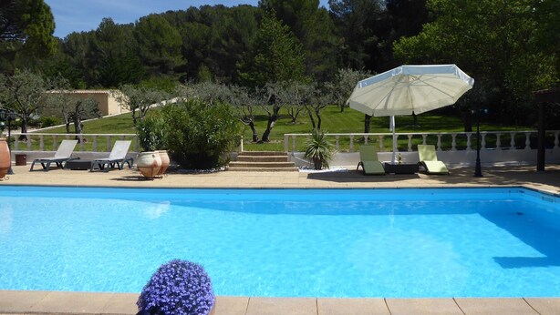 Una piscina con lettini da relax e un gazebo.