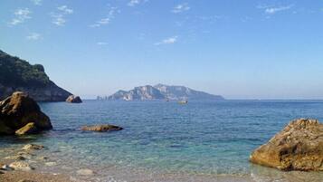 On the beach, sun loungers