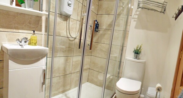 Une salle de bain avec une douche à parois de verre, un lavabo blanc et des toilettes.
