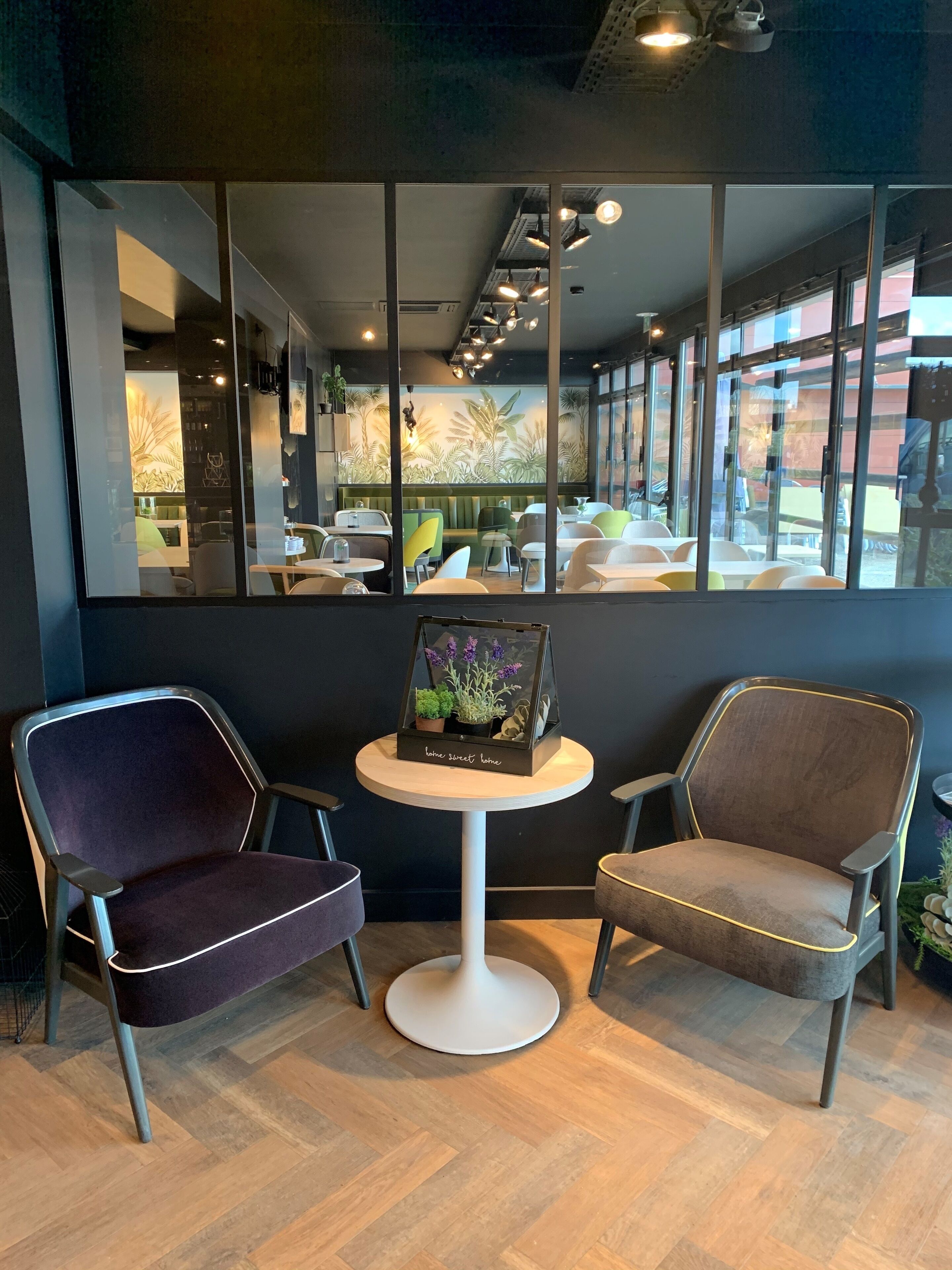 A modern interior with two chairs, a small table, and a decorative plant centerpiece.