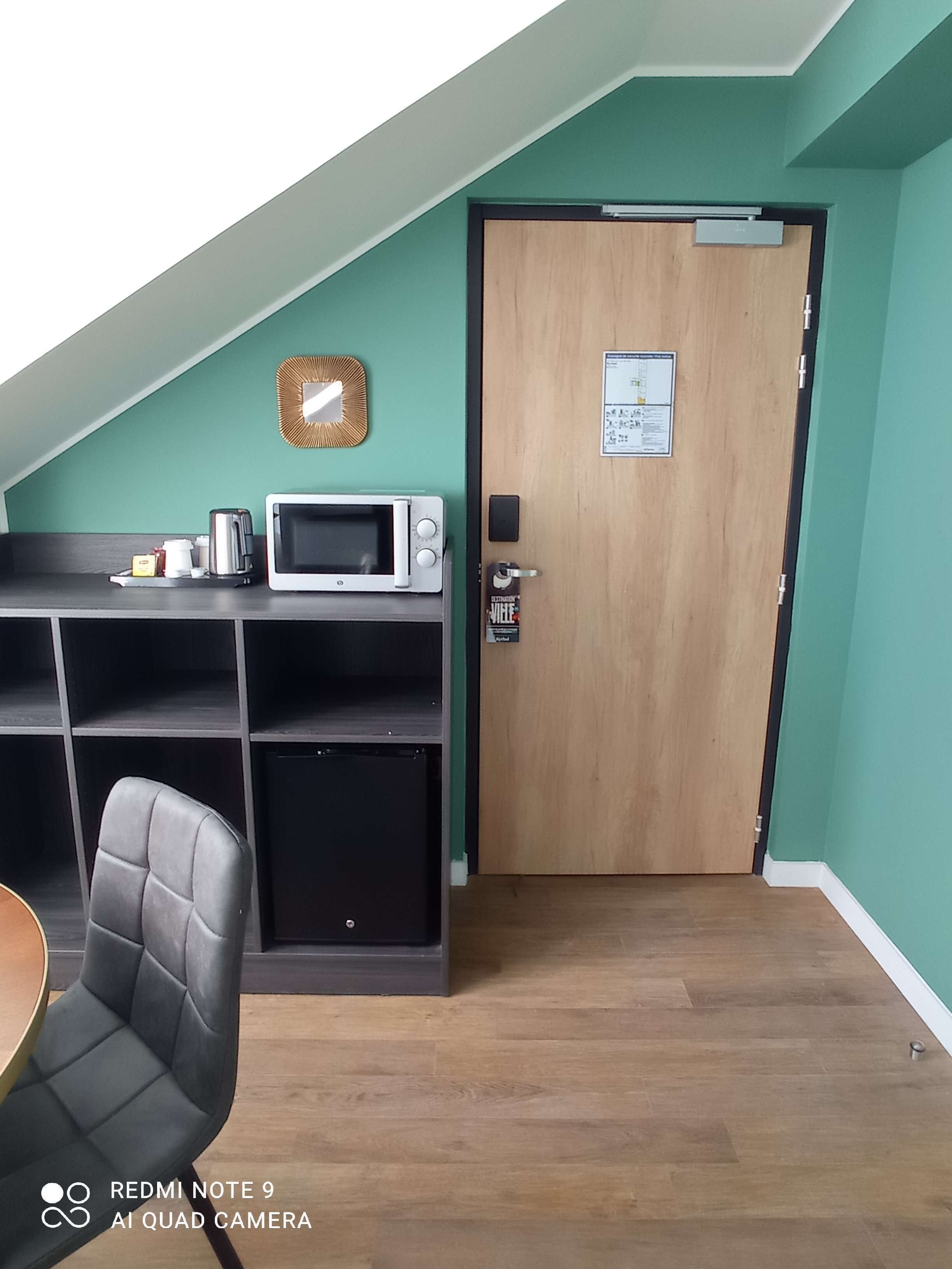 premium bedding, desk, laptop workspace, blackout curtains