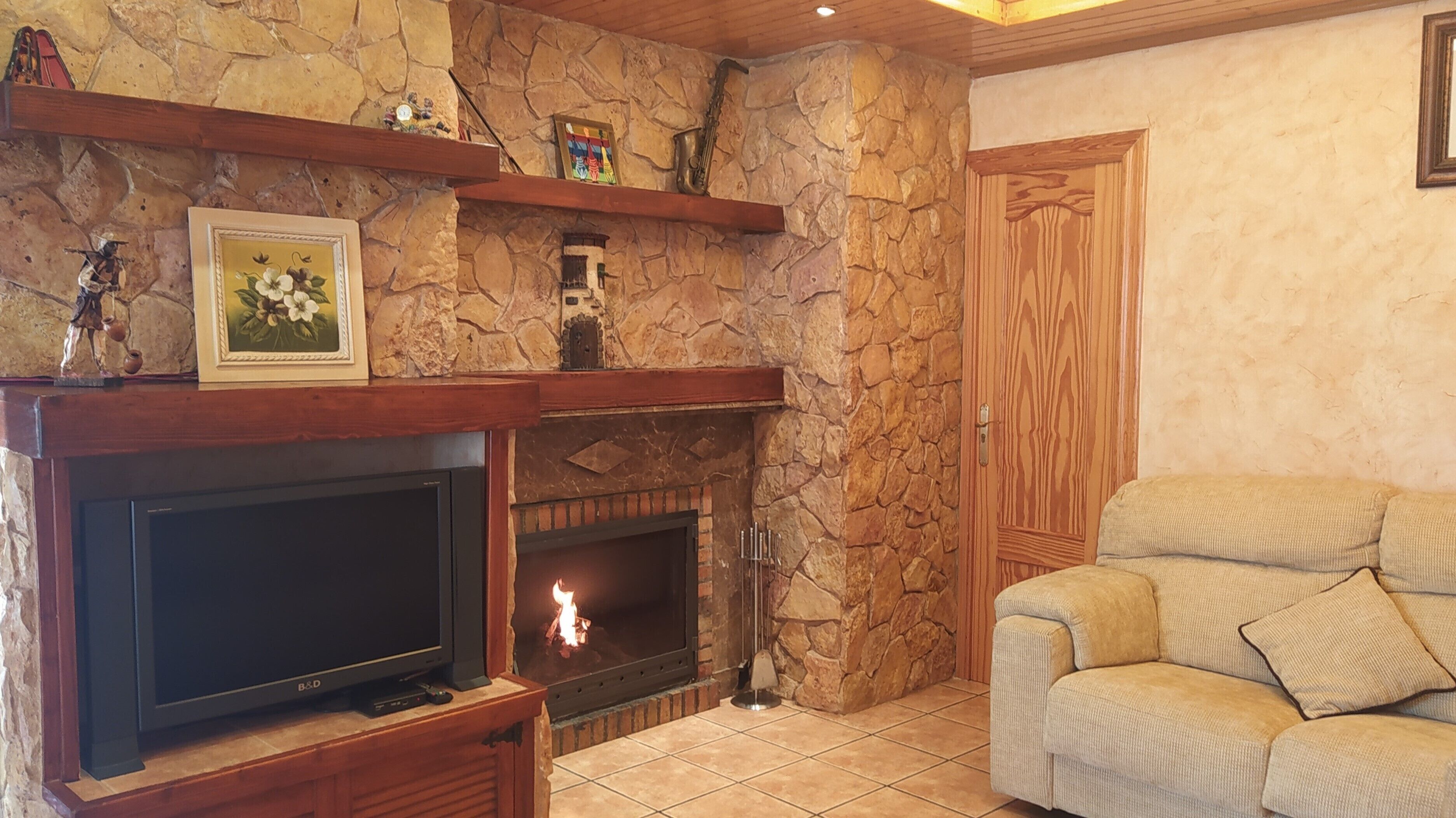 TV, fireplace, books, offices