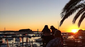 A sunset view from a dock with boats and a palm tree. - Outdoor oasis -apartment, close to center of Hvar (Hvar)