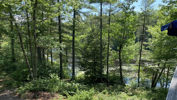 A campsite with a fire pit and outdoor furniture, surrounded by dense forest and a lake. - Lake House Private Waterfront - Lake & Beach life in Winnipesaukee (Laconia)