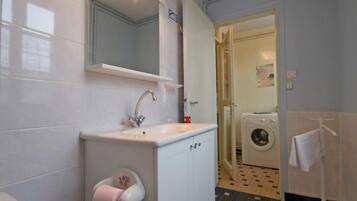 Une salle de bain équipée d’un lavabo, d’un miroir, de toilettes et d’un lave-linge.