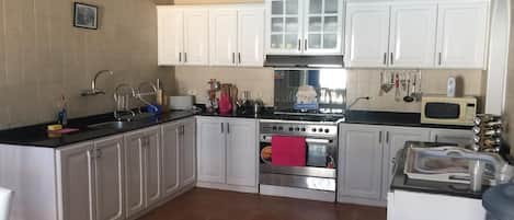 Fridge, microwave, dishwasher, cookware/dishes/utensils