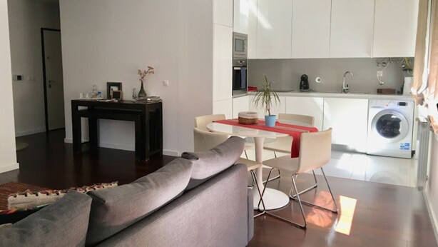 Ein modernes Wohnzimmer mit einer Couch, einem Esstisch mit Stühlen und einer Küchenzeile inklusive Waschmaschine.