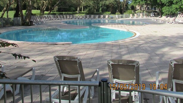 Ein Swimmingpool mit Liegestühlen und einer gepflasterten Liegefläche, umgeben von Bäumen.