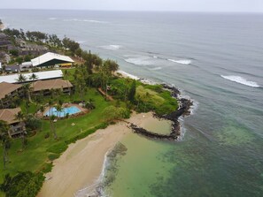 On the beach, sun-loungers, beach towels