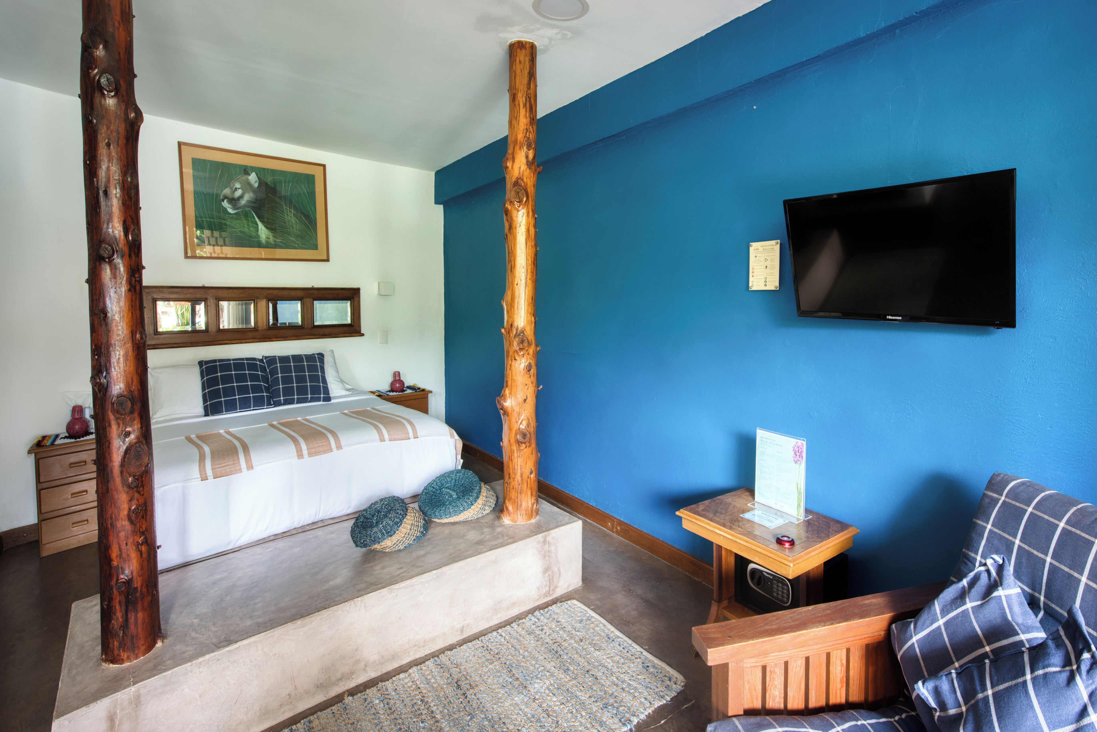 Une chambre à coucher avec un lit, une télévision, un bureau et une chaise.