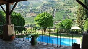 Une terrasse dallée de pierres, avec une piscine, entourée d’une clôture en métal, et offrant une vue sur des vignobles en terrasses.