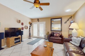 TV, fireplace, DVD player, video library