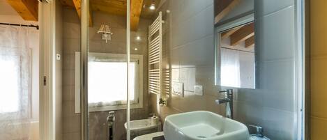 Shower, hair dryer, bidet, towels