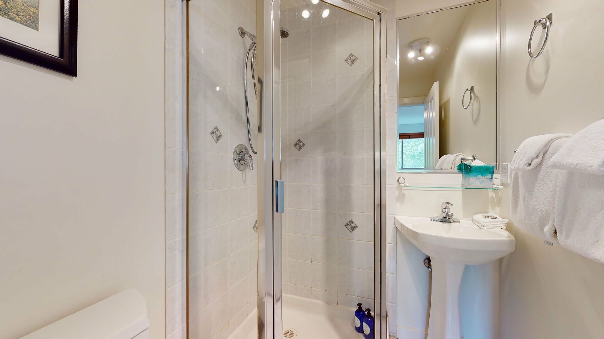 A modern bathroom with a glass-enclosed shower, a white sink, and a mirror above the sink.
