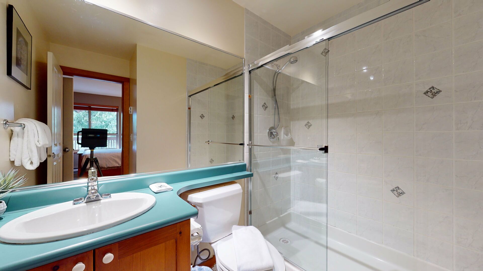 A modern bathroom with a glass-enclosed shower, a white sink, and a vanity with a mirror.
