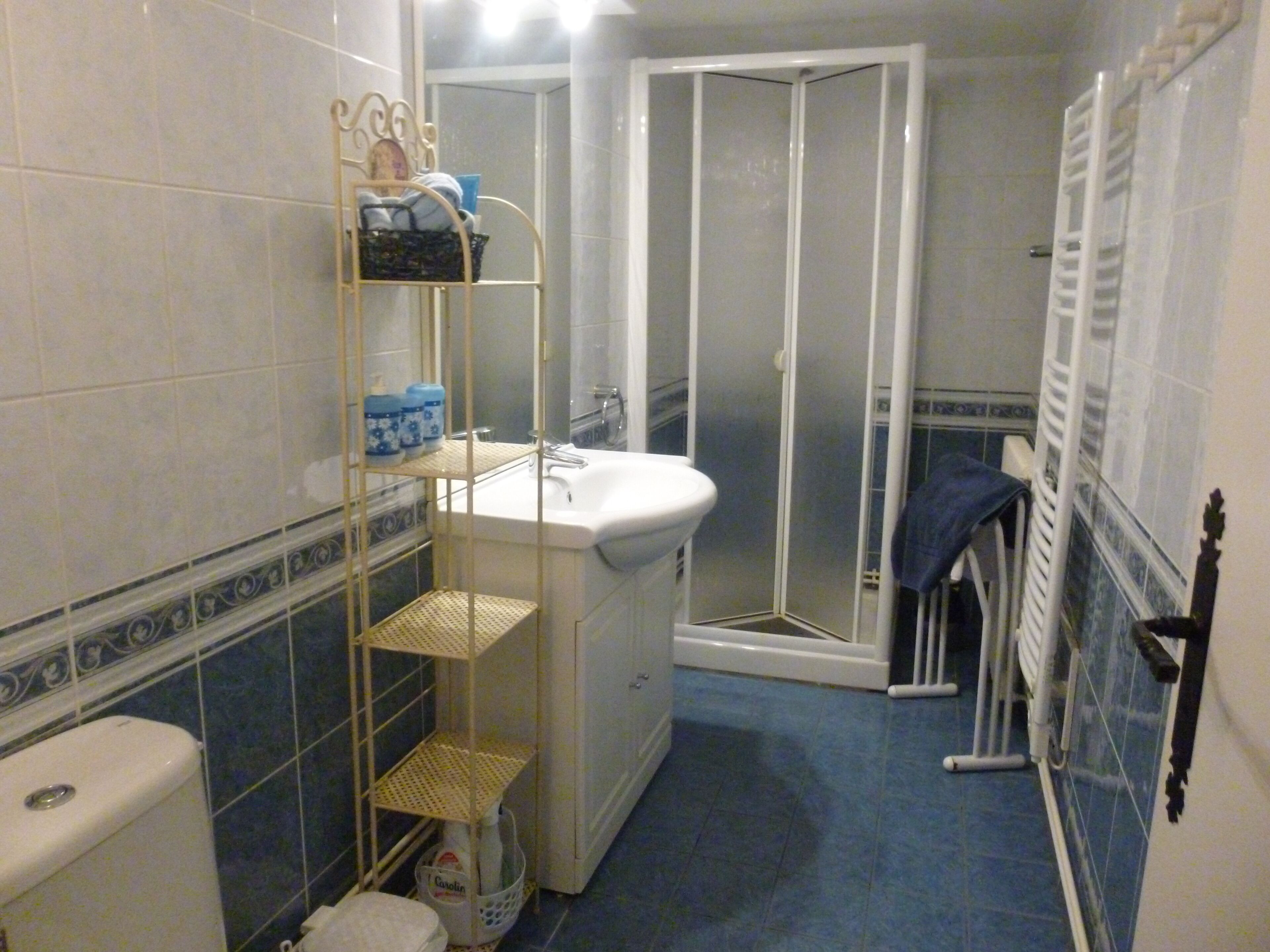 Een badkamer met toilet, wastafel en douche. Er is een plank met toiletartikelen en een handdoekhouder.