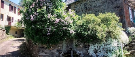 A stone building with a water feature and flowering plants.