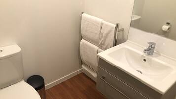 A modern bathroom with a toilet, sink, and mirror.