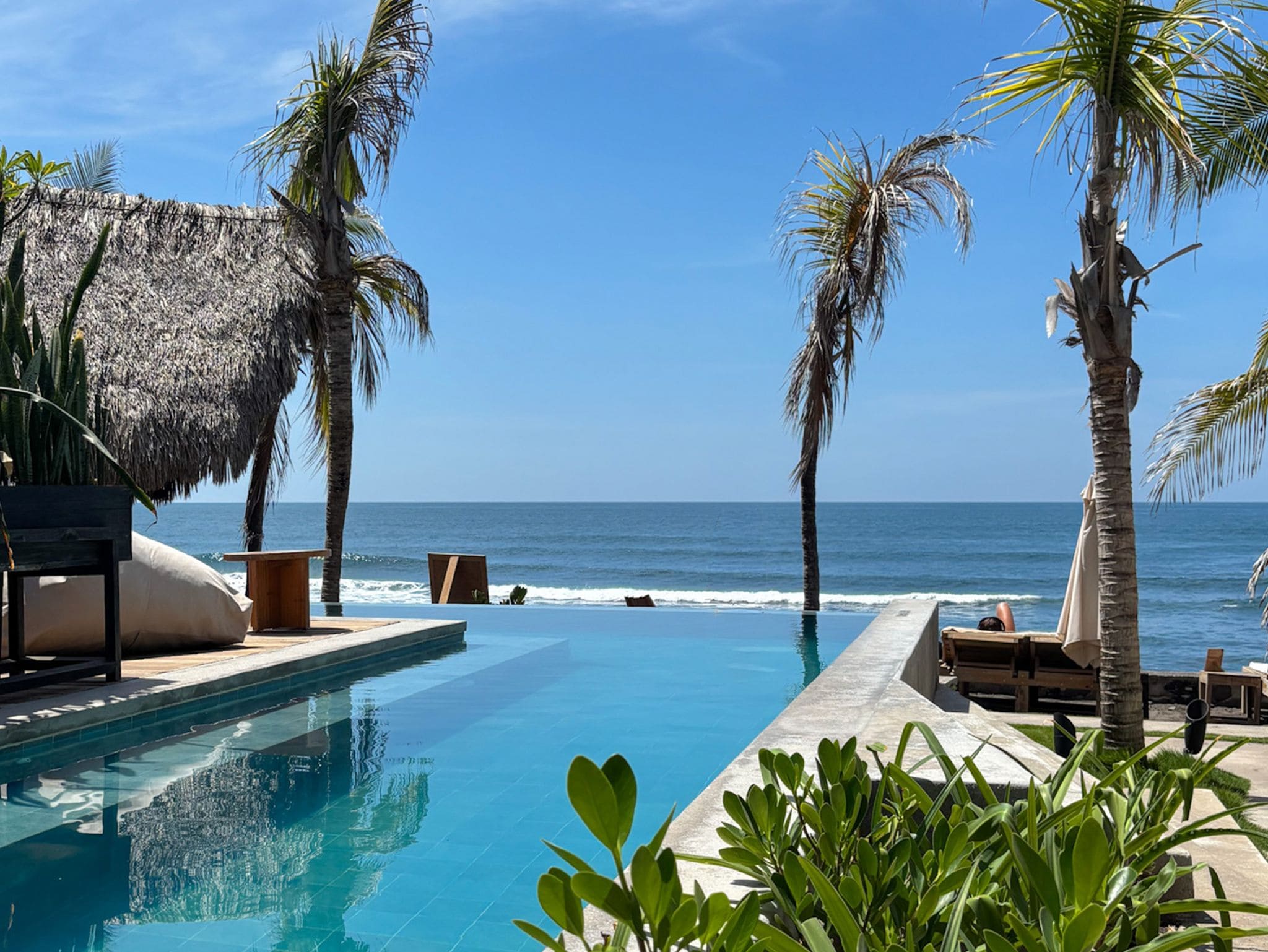 A poolside area with a view of the ocean, palm trees, and a thatched structure.