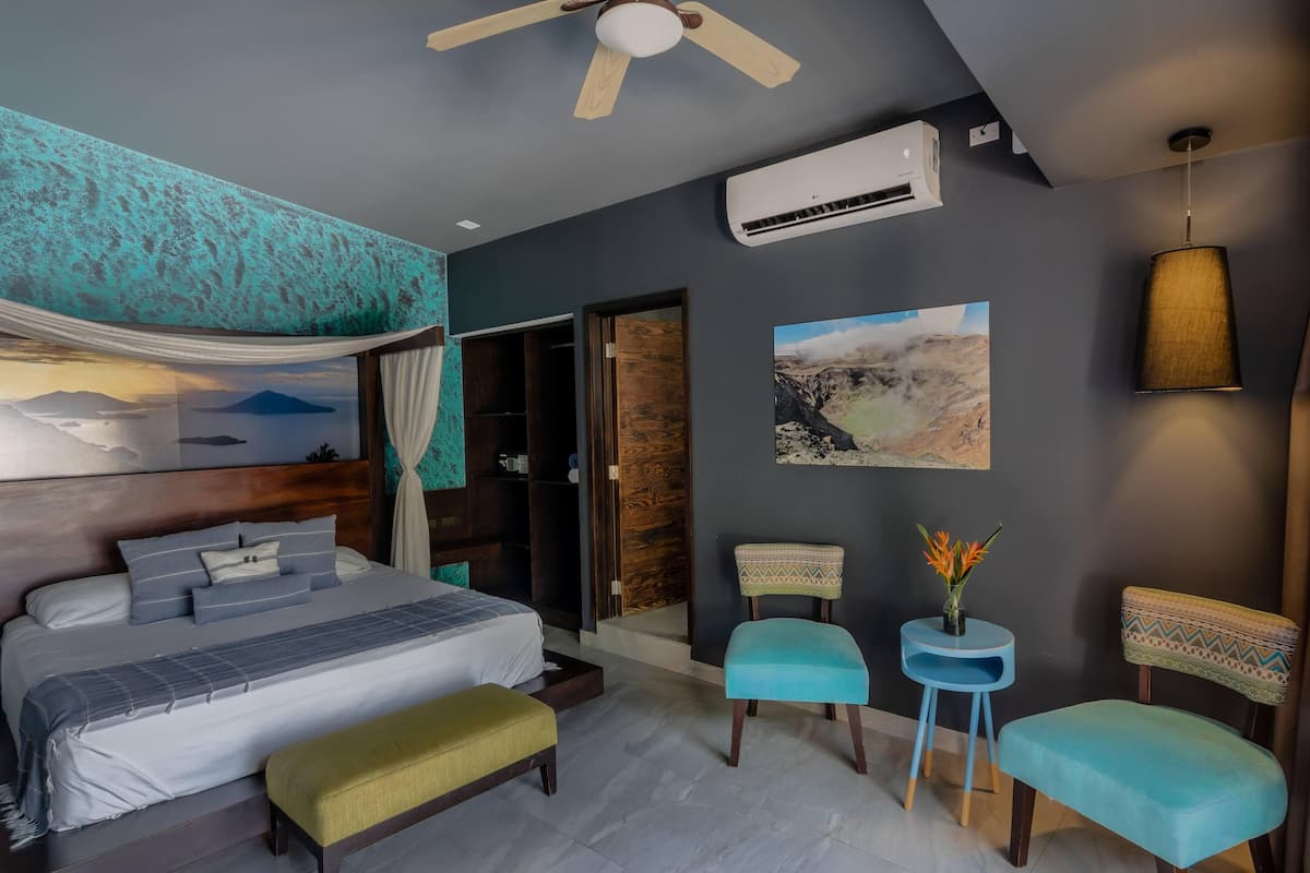 A bedroom with a bed, a ceiling fan, an air conditioning unit, a door, and two chairs.