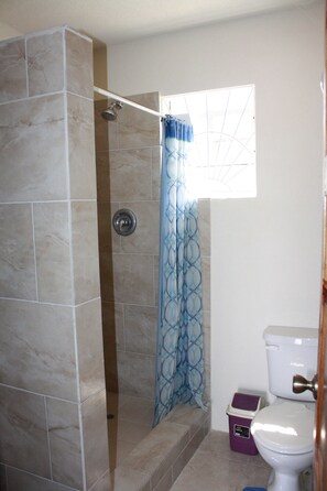 Shower, hair dryer, towels, soap