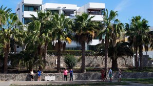 Un edificio moderno de varios pisos, rodeado de palmeras y un muro de piedra.