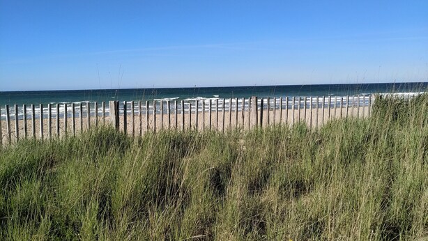 A beach with a wooden fence and tall grass in the foreground. - Cozy studio near Caen and the sea, landing beaches (Biéville-Beuville)