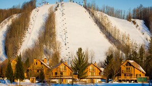 A ski resort with a large snow-covered mountain, ski lifts, and wooden cabins with balconies. - Year round fun close to lakes, golf, and ski! (Bellaire)