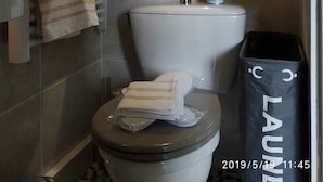 Un baño con inodoro, perchero con toallas, botella de desinfectante de manos y cubo de basura.