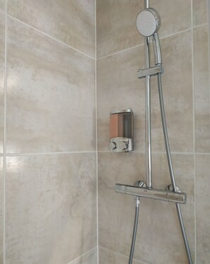 Douche, chaussons, serviettes fournies, savon