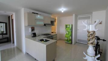 Fridge, oven, stovetop, coffee/tea maker