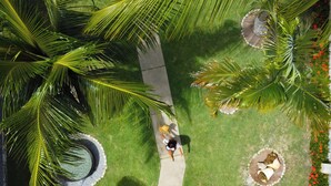 An aerial view of a landscaped garden with palm trees, a central pathway, and circular flower beds. - Bem Bahia Hotel (Porto Seguro)