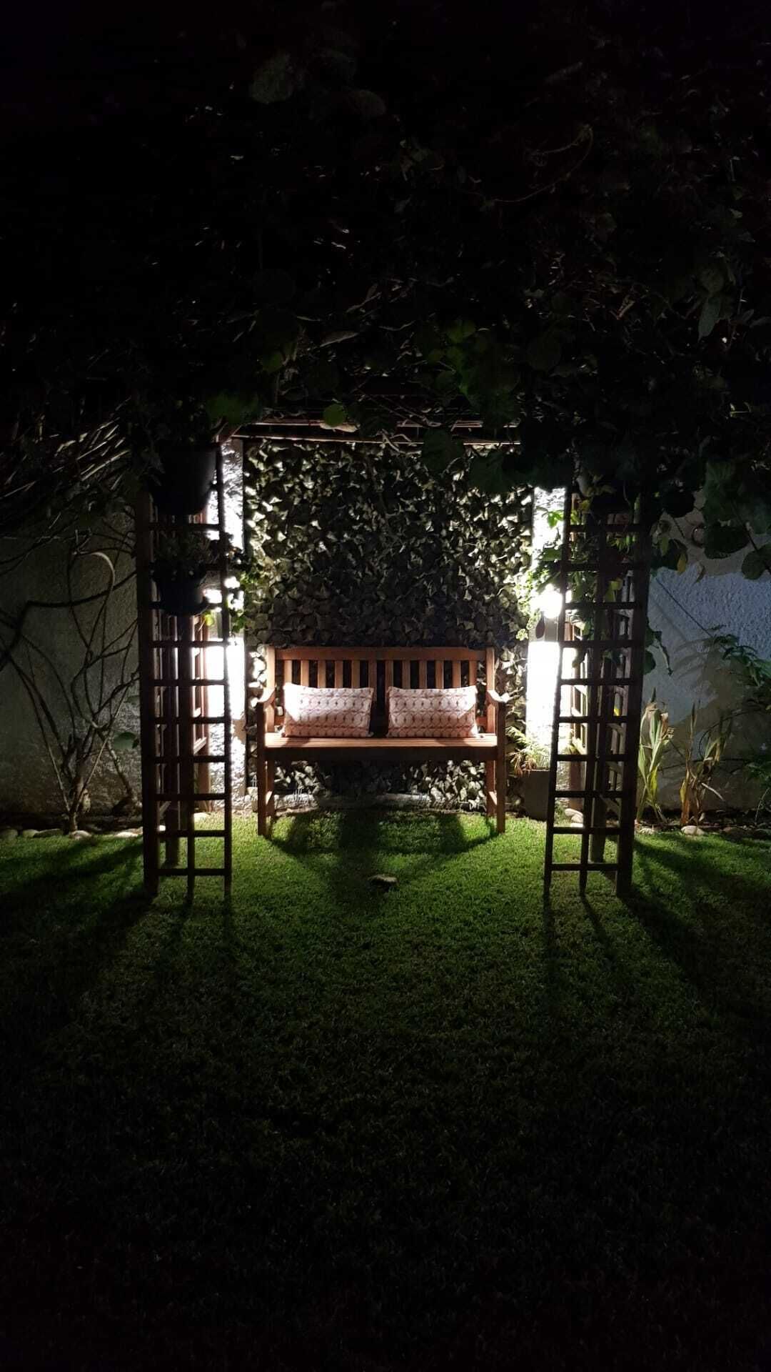 Un banc en bois placé sous une pergola à structure ajourée, entouré de verdure et éclairé par un éclairage chaleureux.