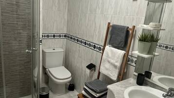 Regadera, secadora de cabello, bidet, toallas