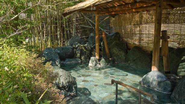 A traditional Japanese onsen with a wooden structure, stone flooring, and bamboo surroundings. - Nishiyama Onsen Keiunkan (Hayakawa)