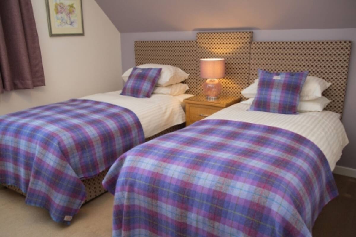 Una habitación con dos camas, cada una con una colcha escocesa y almohadas a juego. Entre las camas, hay una mesita de noche con una lámpara.