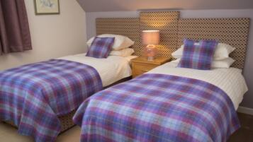 A room with two beds, each with a plaid bedspread and matching pillows. There is a nightstand with a lamp between the beds.