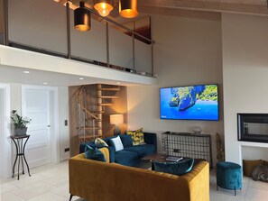 TV connectée, cheminée, livres, chaîne hi-fi