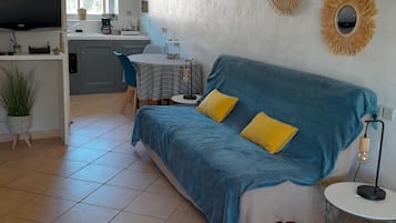 TV, caminetto, lettore DVD, libri